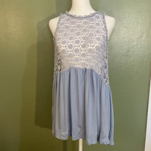 POL Clothing Floral Lace Crochet Dress/Cover Up Lt Blue Lace Up Back S O/S - Picture 1 of 13